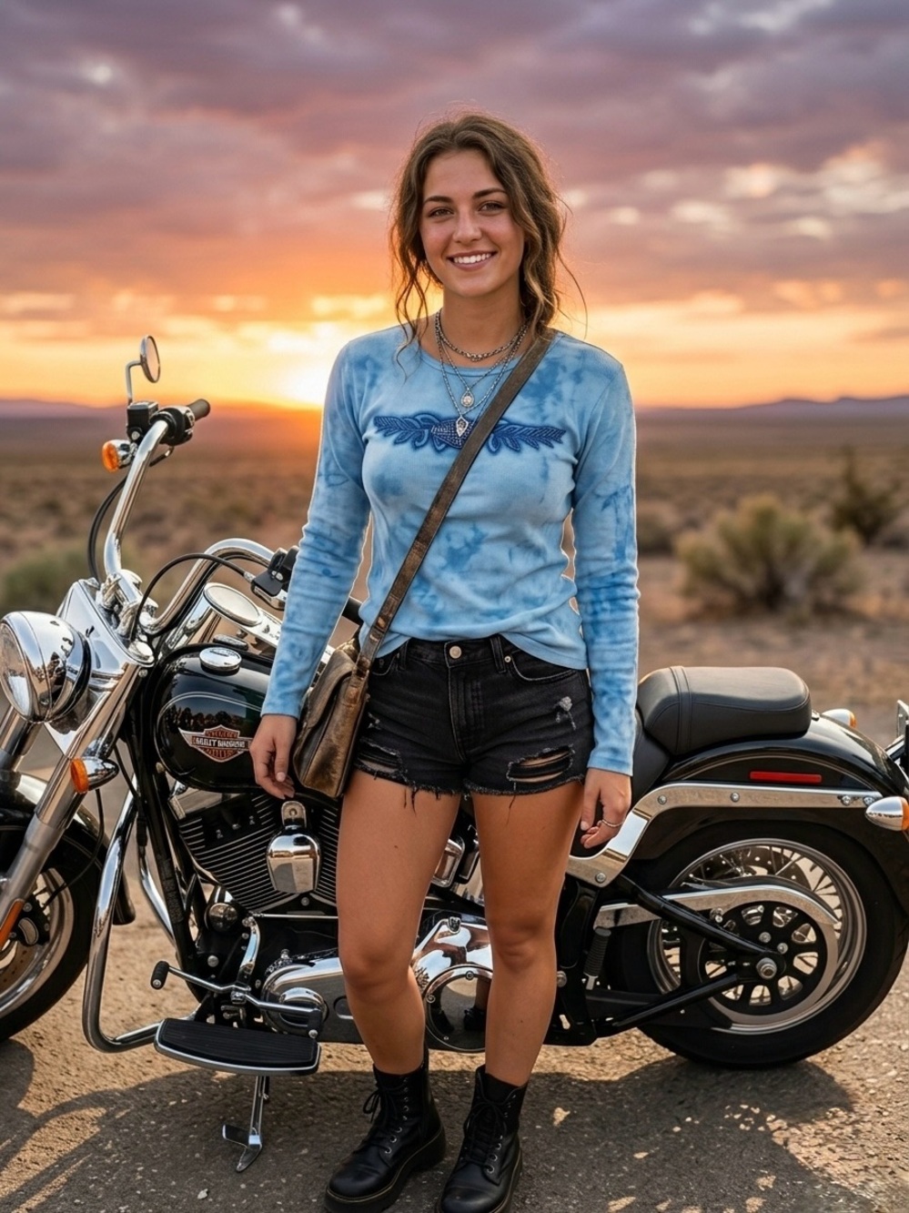 Harley Davidson Y2K Ribbed Blue Tie Dye Tribal Embroidered Long Sleeve Top S
